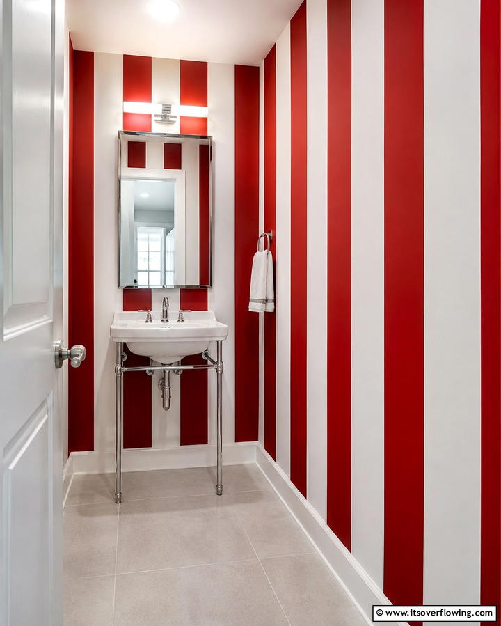 Red and White Striped Walls - 25 Red Bathroom Ideas for a Luxurious Feel