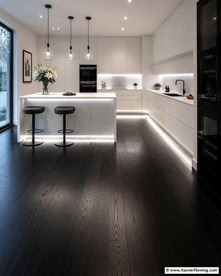 Refined Black Floor with Soft Lighting - 30 Sleek Black Floor Kitchen Ideas for Contemporary Designs
