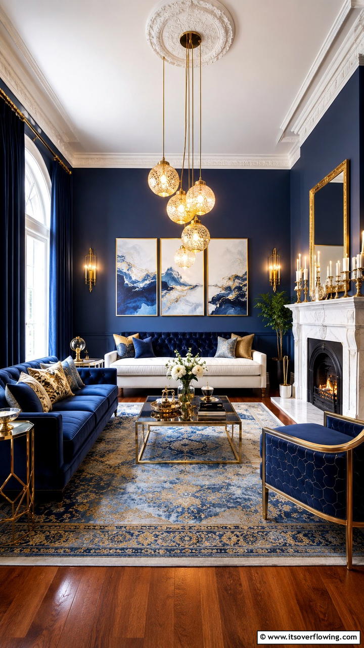 Refined Blue Elegance and Golden Glow - 30 Stunning Blue and Gold Living Room Ideas for Elegant Spaces