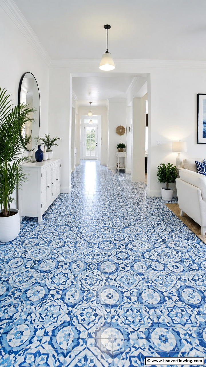 Refined Blue Patterned Flooring - 30 Blue and White Decor Ideas for a Fresh and Serene Home Style