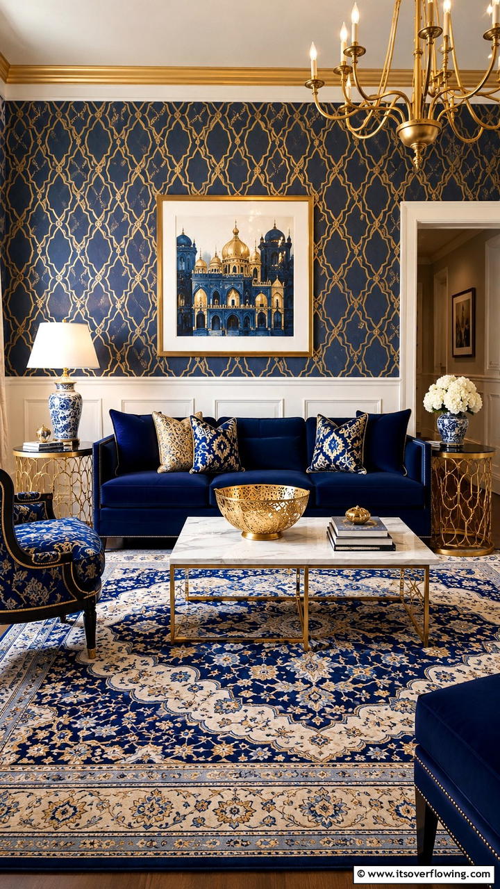 Refined Blue Patterns and Gold Accessories - 30 Stunning Blue and Gold Living Room Ideas for Elegant Spaces