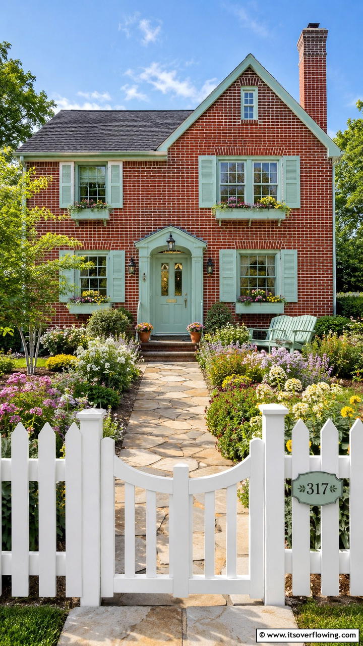 Refined Brick Red with Gentle Mint Accents - 30 Exterior Brick and Paint Color Combinations