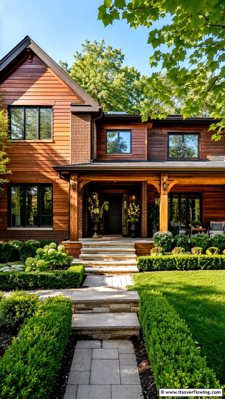 Refined Brick and Wood Blend - 30 Brown Brick Exterior Home Ideas for Timeless Curb Appeal