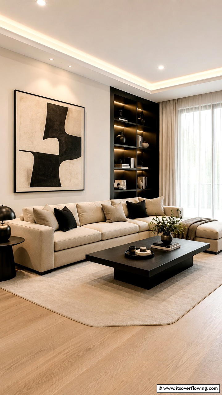 Refined Contemporary Allure - 30 Black & Beige Living Room Ideas for Modern Contrast
