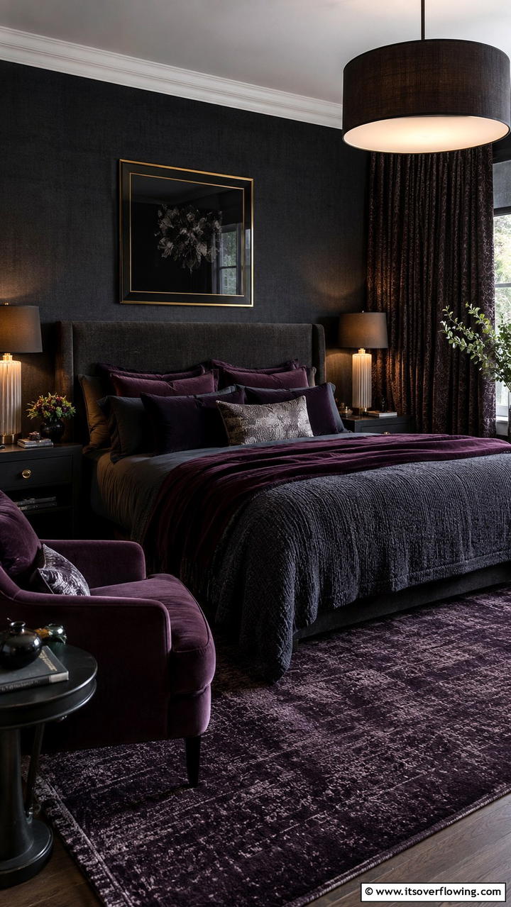 Refined Dark Textiles - 30 Dark Bedroom Ideas- Moody and Sophisticated Retreat