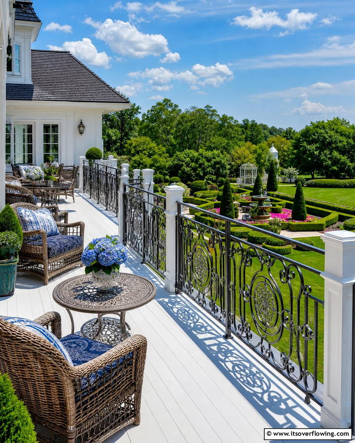 Refined Decorative Detailing - 30 Modern Metal Deck Railing Ideas for Stylish Outdoor Spaces