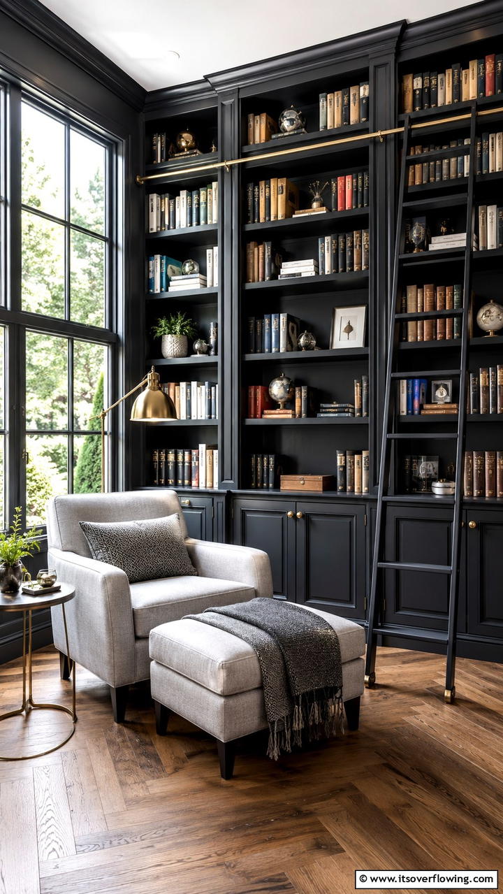 Refined Home Library Nook - 30 Grey House With Black Trim Ideas- Bold Exterior Designs
