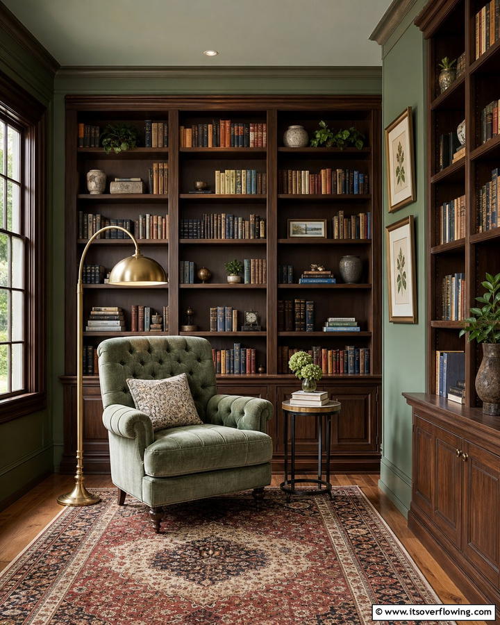 Refined Library Nook - 21 Sage Green Paint Inspirations for Calming Interiors