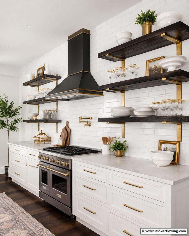 Refined Open Shelving - 30 Luxe Black, White, and Gold Kitchen Ideas for Elegant Spaces