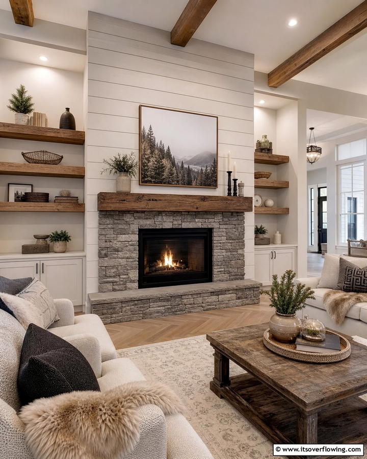 Refined Shiplap with Stone Accents - 21 Shiplap Fireplace Design Ideas to Cozy Up Your Home
