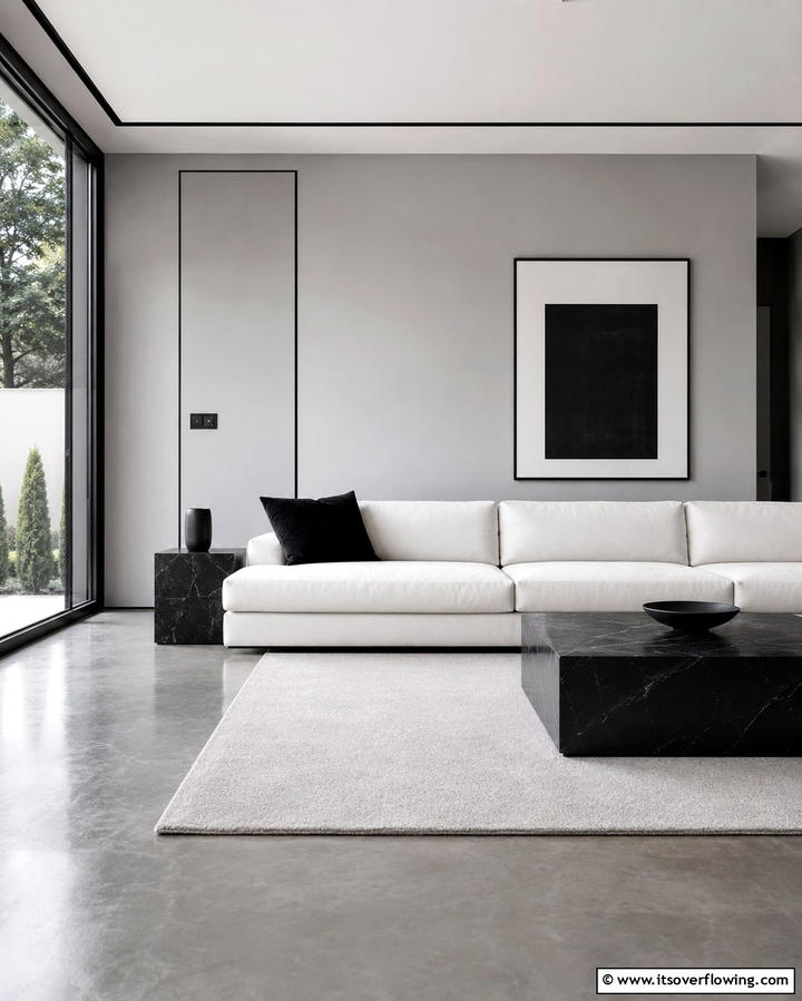 Refined Simplicity - 30 Living Room Grey Walls & Black Trim- Bold Contrast Ideas