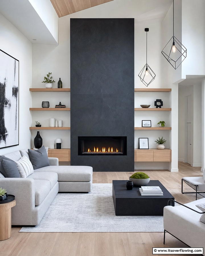Refined Slate Minimalism - 21 Rustic Stone Fireplace Designs for Cozy Living Rooms