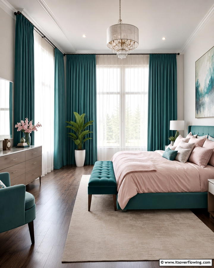 Refined Teal Window Treatments - 30 Teal and Pink Bedroom Ideas for Bold Modern Design