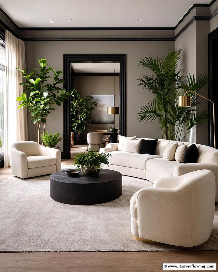 Refined Urban Oasis - 30 Living Room Grey Walls & Black Trim- Bold Contrast Ideas