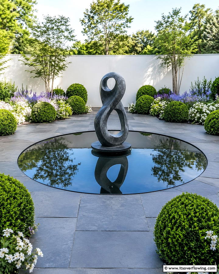 Reflecting Pool with Sculptural Centerpiece - 20 Small Garden Reflecting Pool Ideas for Serenity