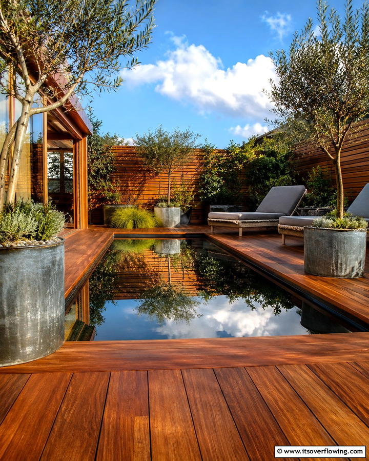 Reflecting Pool with Wooden Decking - 20 Small Garden Reflecting Pool Ideas for Serenity