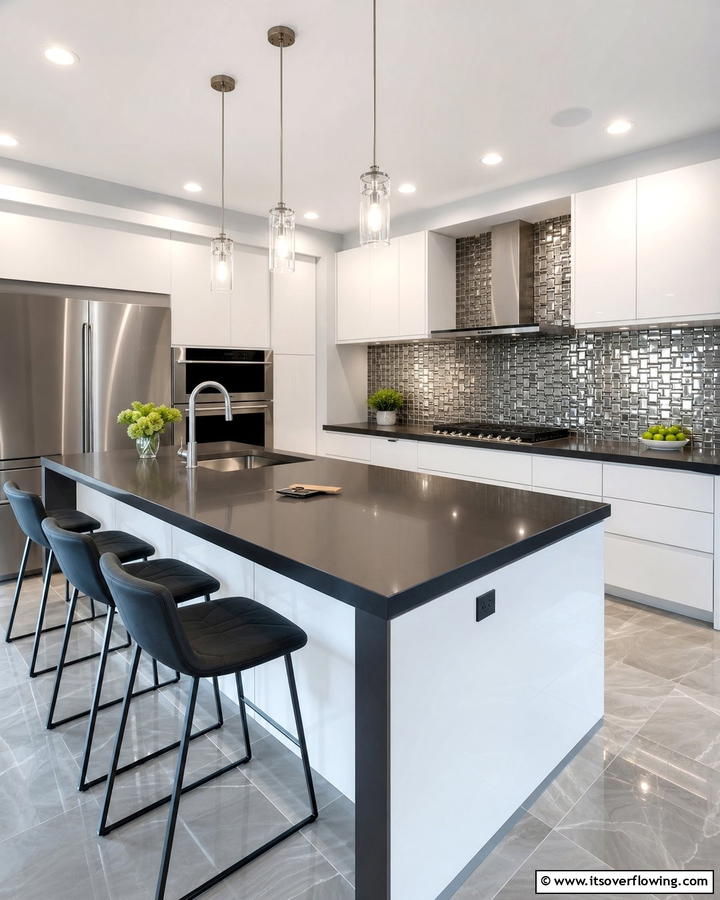 Reflective Glass Backsplashes - 20 Kitchen Ideas with Dark Countertops and Light Cabinets