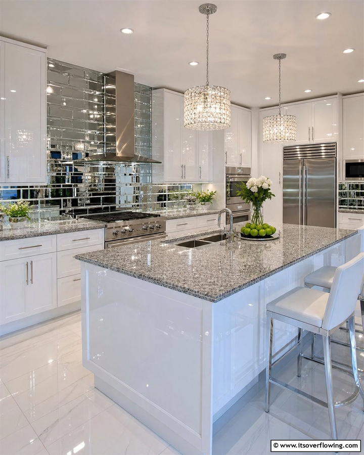 Reflective Mirror Finish - 21 Backsplash Ideas for White Cabinets and Granite Counters