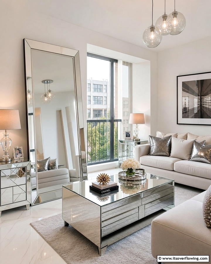 Reflective Surface Magic - 21 Small Apartment Living Room Ideas for Compact Spaces