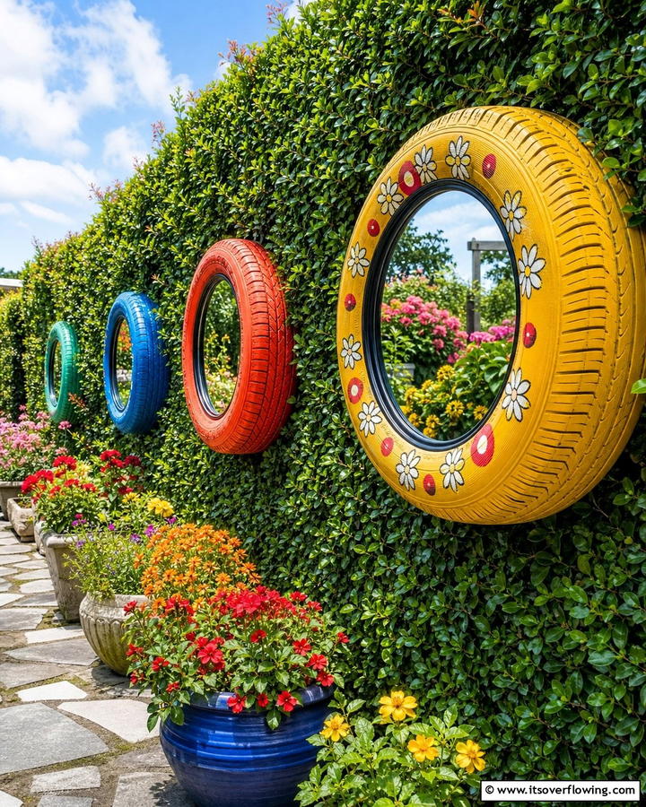 Reflective Tyre Mirrors - 21 Recycled Tyre Garden Art Ideas for Eco-Conscious Spaces