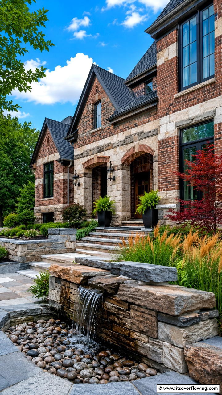 Refreshing Brick House with Natural Stone Layers - 30 Brick Houses With Stone Accents- Exterior Design Inspiration