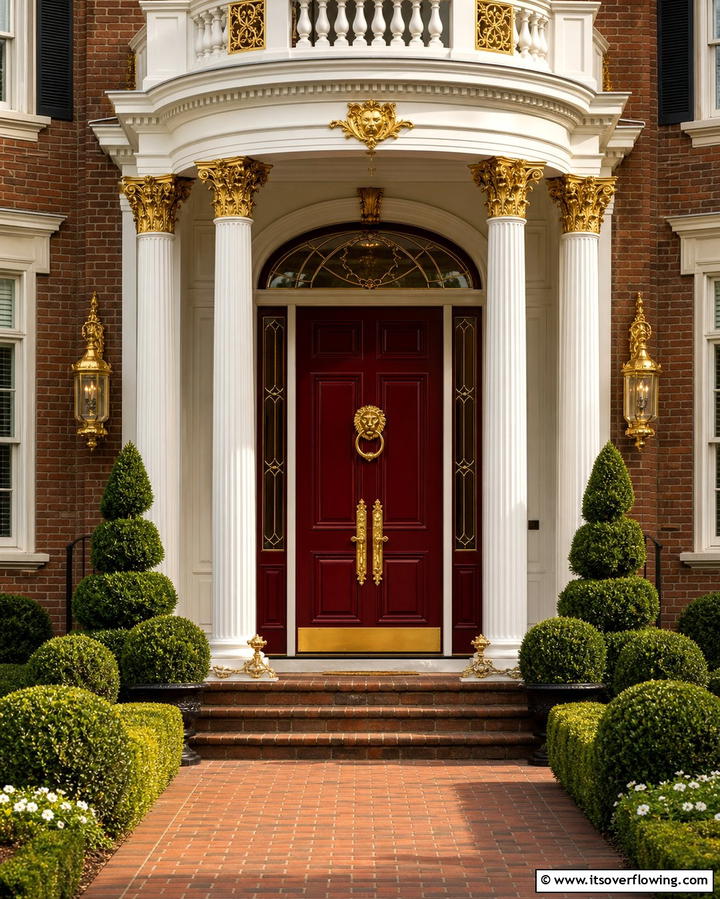 Regal Appeal with Dark Red and Gold Details - 25 Dark Red Front Door Ideas for a Bold Entrance