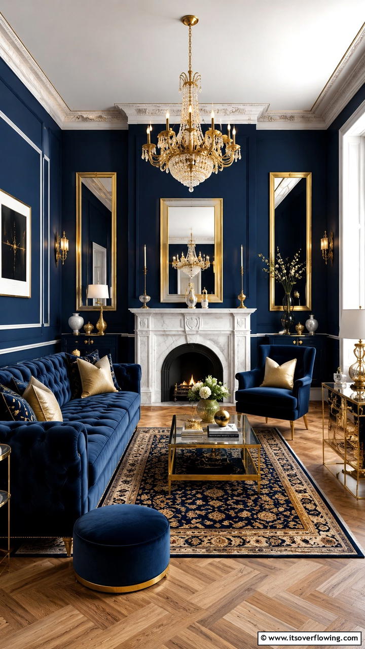 Regal Navy with Golden Touch - 30 Stunning Blue and Gold Living Room Ideas for Elegant Spaces