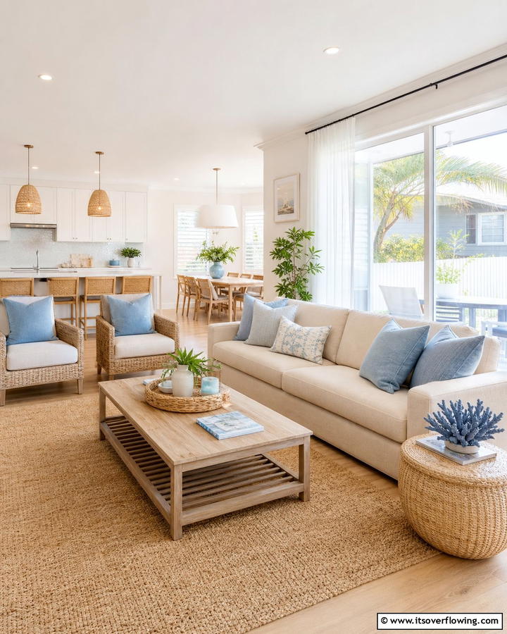 Relaxed Modern Coastal in Blue and Beige - 20 Blue and Beige Living Room Ideas- Serene Spaces