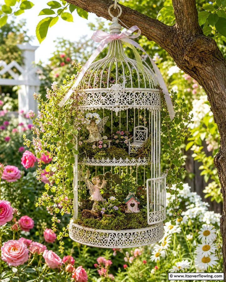 Repurposed Birdcage Fairy Garden - 25 Fairy Garden Container Ideas for a Magical Touch