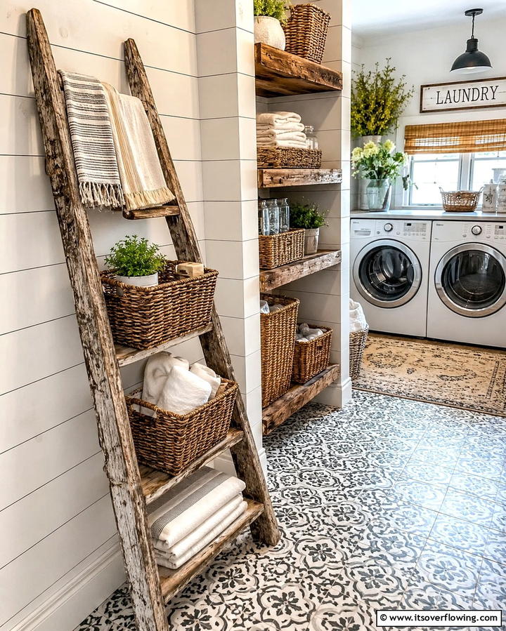Repurposed Ladder for Storage - 20 Vintage Laundry Room Decor Ideas for a Retro Look