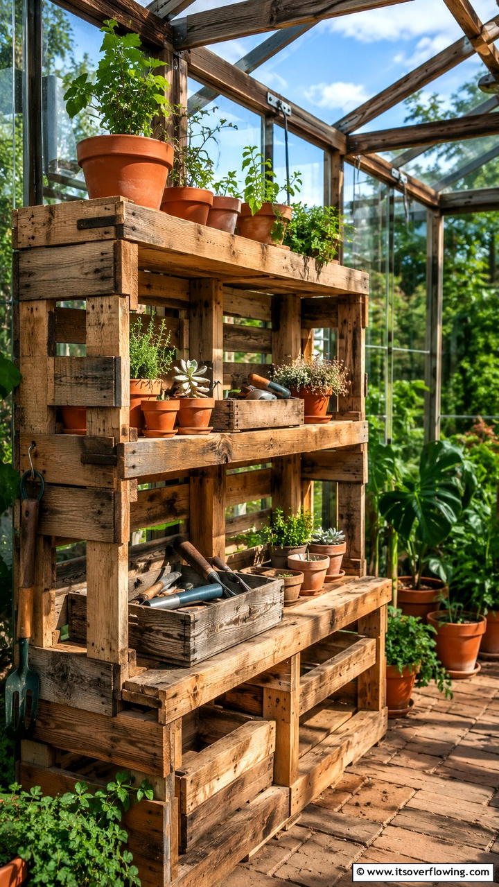 Repurposed Pallet Wood Shelving - 30 Greenhouse Shelving Ideas- Organized Plant Storage