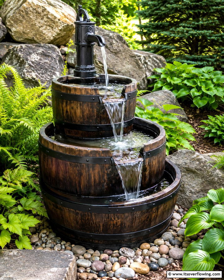 Repurposed Wine Barrel Fountain - 25 Vintage Garden Ideas for a Timeless Outdoor Space