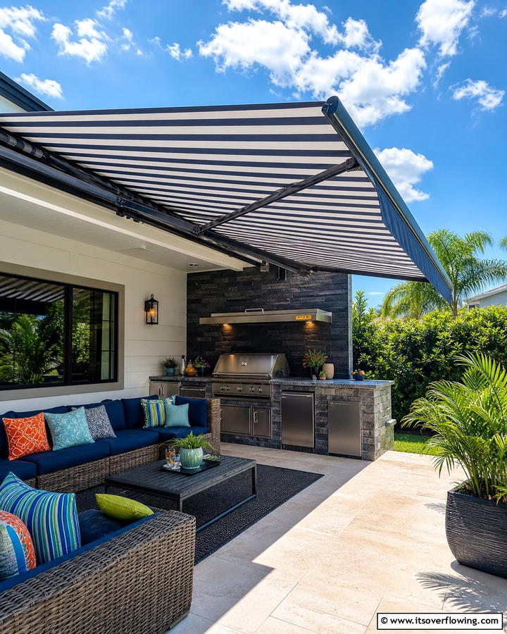 Retractable Awning for Versatility - 20 Outdoor Kitchen Roof Ideas for Year-Round Enjoyment