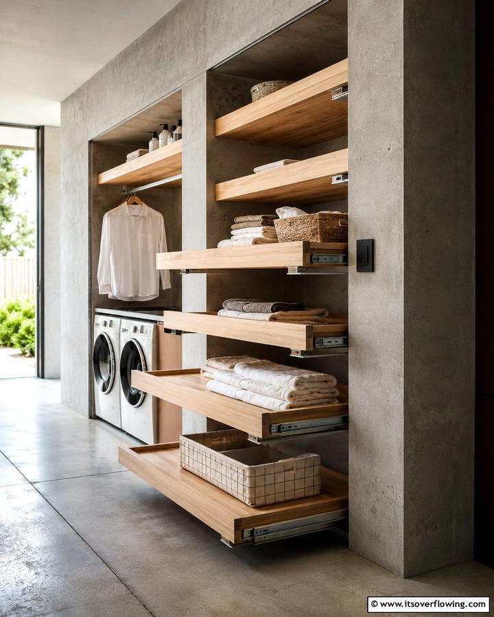 Retractable Laundry Shelf Solutions - 30 Laundry Room Shelf Ideas- Maximize Storage & Efficiency