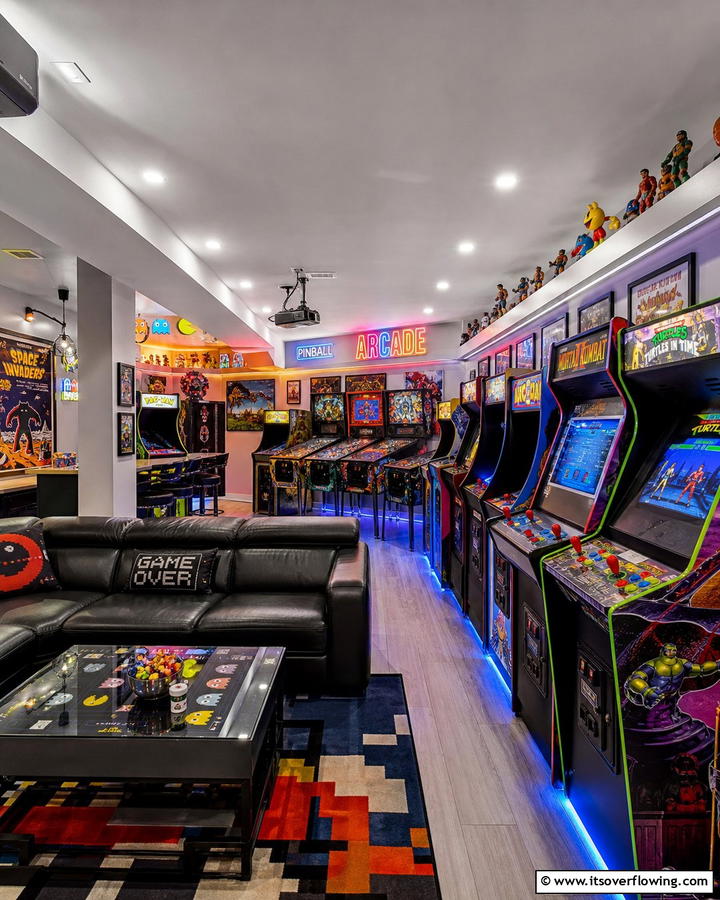 Retro Arcade Lounge - 30 Fun Basement Game Room Ideas for Family Entertainment