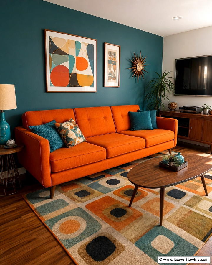 Retro Charm with Orange and Teal - 25 Orange Couch Living Room Ideas for a Vibrant Space