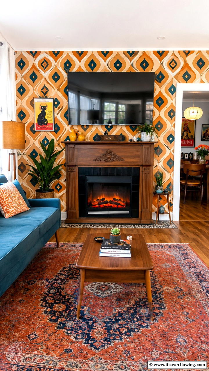 Retro Chic Electric Fireplace with Mounted TV - 30 Electric Fireplace Ideas With TV Above for Cozy Spaces