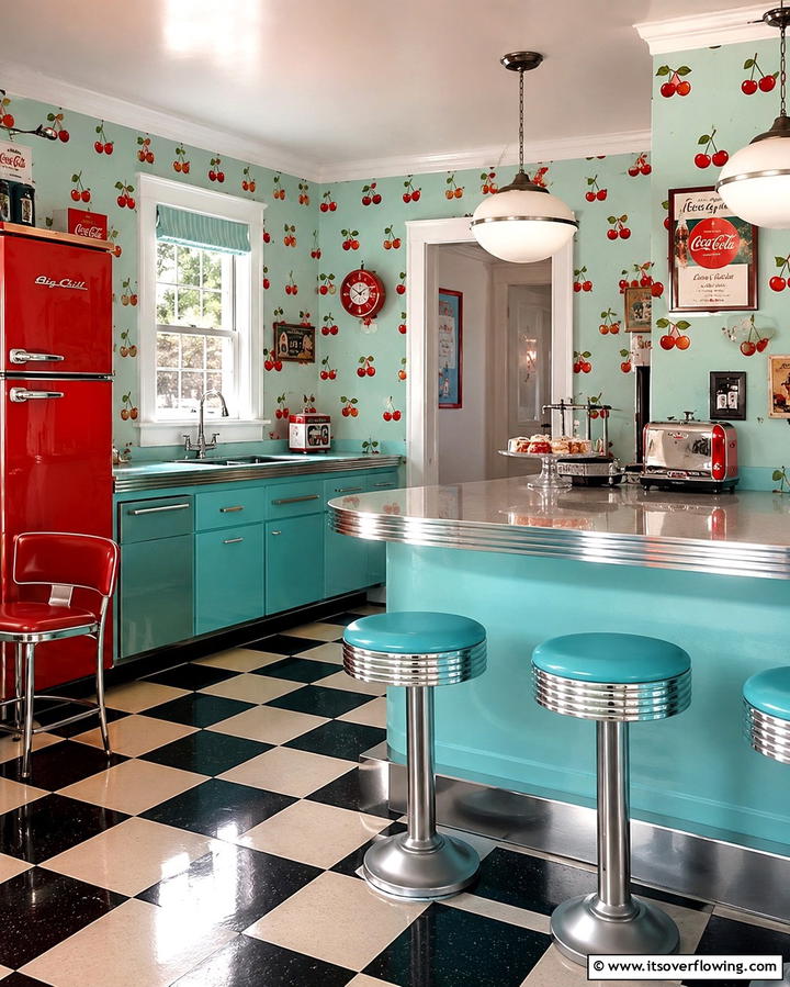 Retro Diner Aesthetics - 30 Kitchen Wallpaper Ideas- Bold Backsplashes & Accent Walls