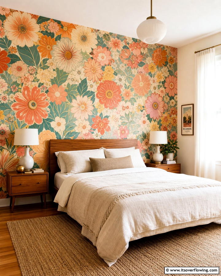 Retro Floral Wallpaper - 25 60s Bedroom Ideas for a Retro-Inspired Space