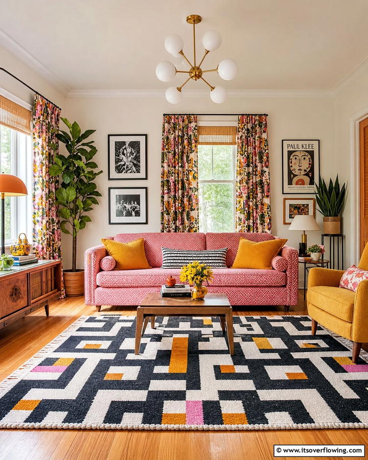 Retro Glam with Bold Patterns - 20 Pink Couch Living Room Ideas for a Bold Statement