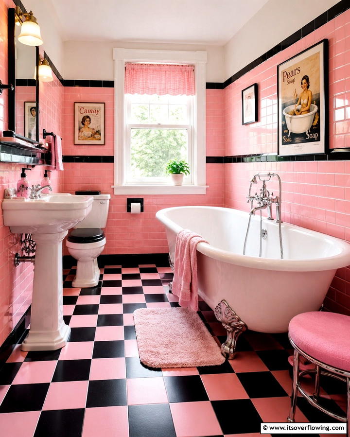 Retro Inspired Pink and Black Tile Design - 25 Pink and Black Bathroom Ideas for a Bold and Chic Look