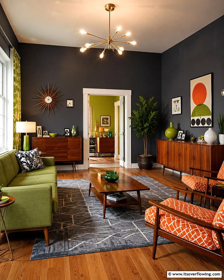 Retro Modern Appeal - 30 Striking Contrasting Living Rooms Featuring Dark Grey Walls