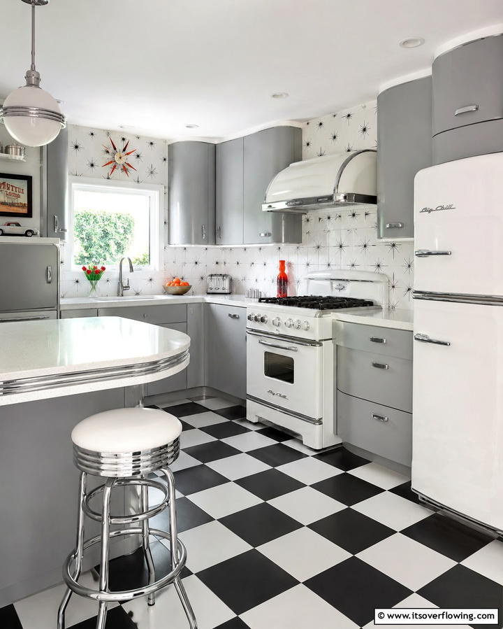 Retro Modern Revival - 30 Grey and White Kitchen Ideas for Timeless Monochromatic Design