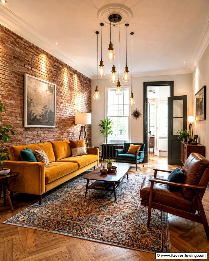 Retro Pendant Glow - 30 Living Room Ceiling Lighting Ideas- Elevate Your Space