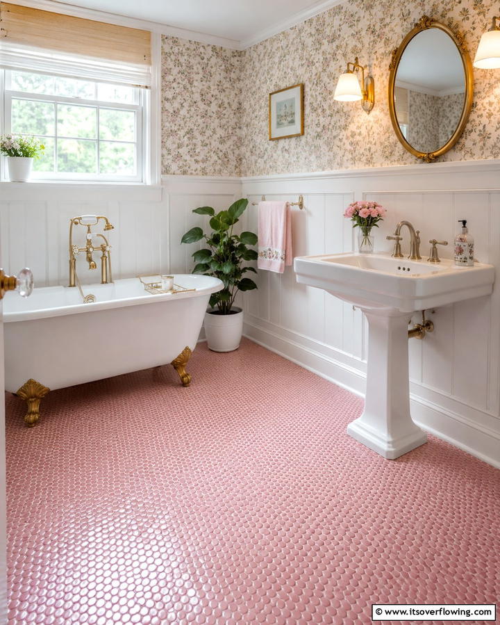 Retro Pink Penny Tile Floor - 25 Penny Tile Bathroom Floor Ideas for a Unique Look