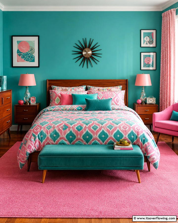 Retro Pink and Teal Bedding - 30 Teal and Pink Bedroom Ideas for Bold Modern Design