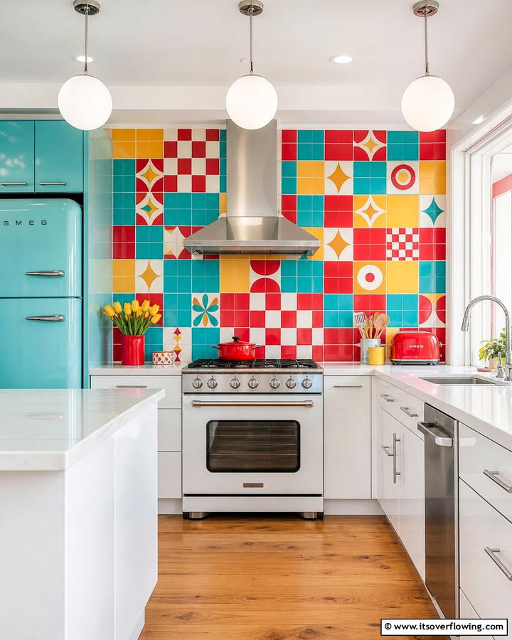 Retro Pop Color Tiles - 30 Kitchen Splashback Ideas for Chic and Practical Walls