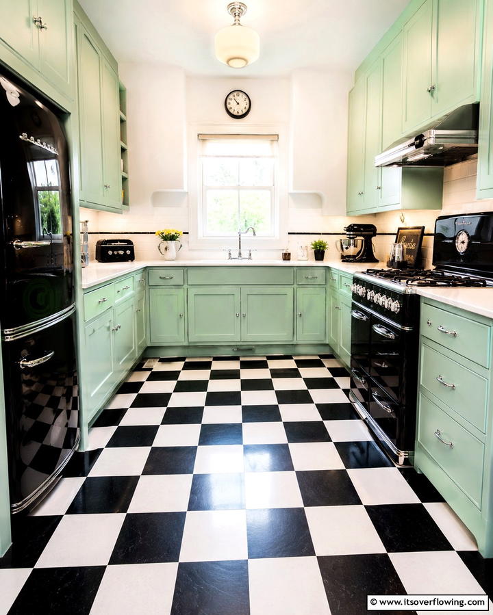 Retro Vibes with Checkerboard Flooring - 25 Kitchen With Black Appliances for a Sleek and Modern Look