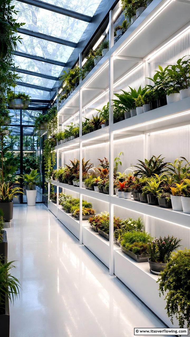 Revolutionary LED Lit Shelving - 30 Greenhouse Shelving Ideas- Organized Plant Storage
