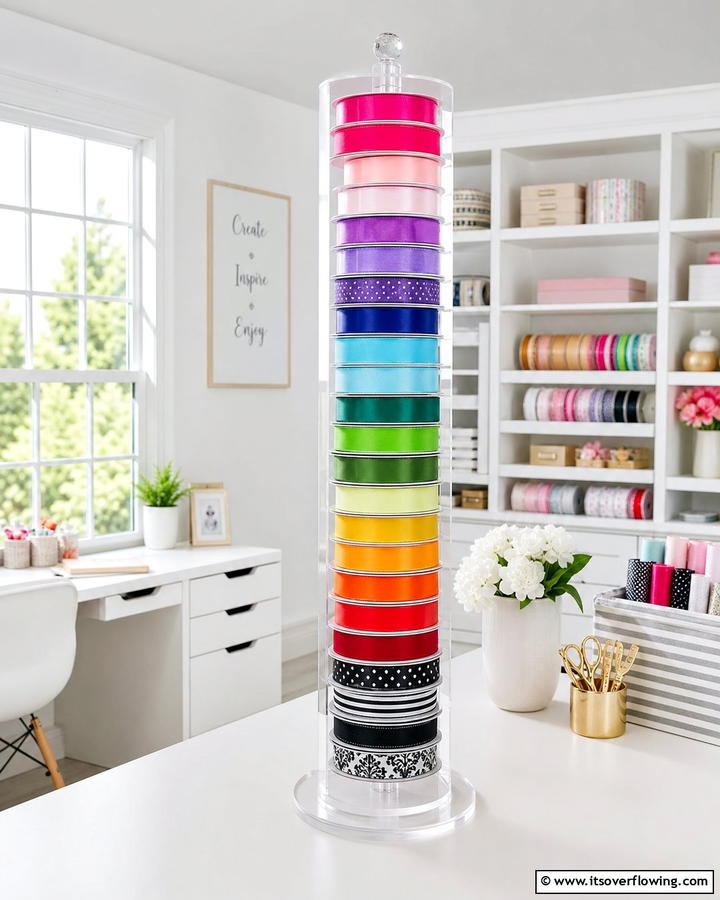Ribbon Spool Tower - 20 Ribbon Storage Ideas- Organize Your Craft Supplies